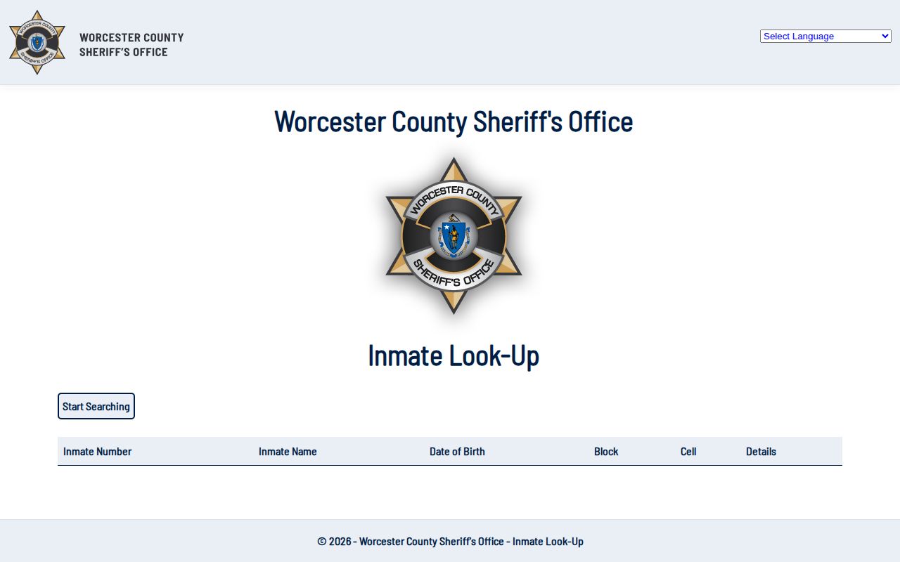 Worcester County Sheriff Inmate Look-Up search interface