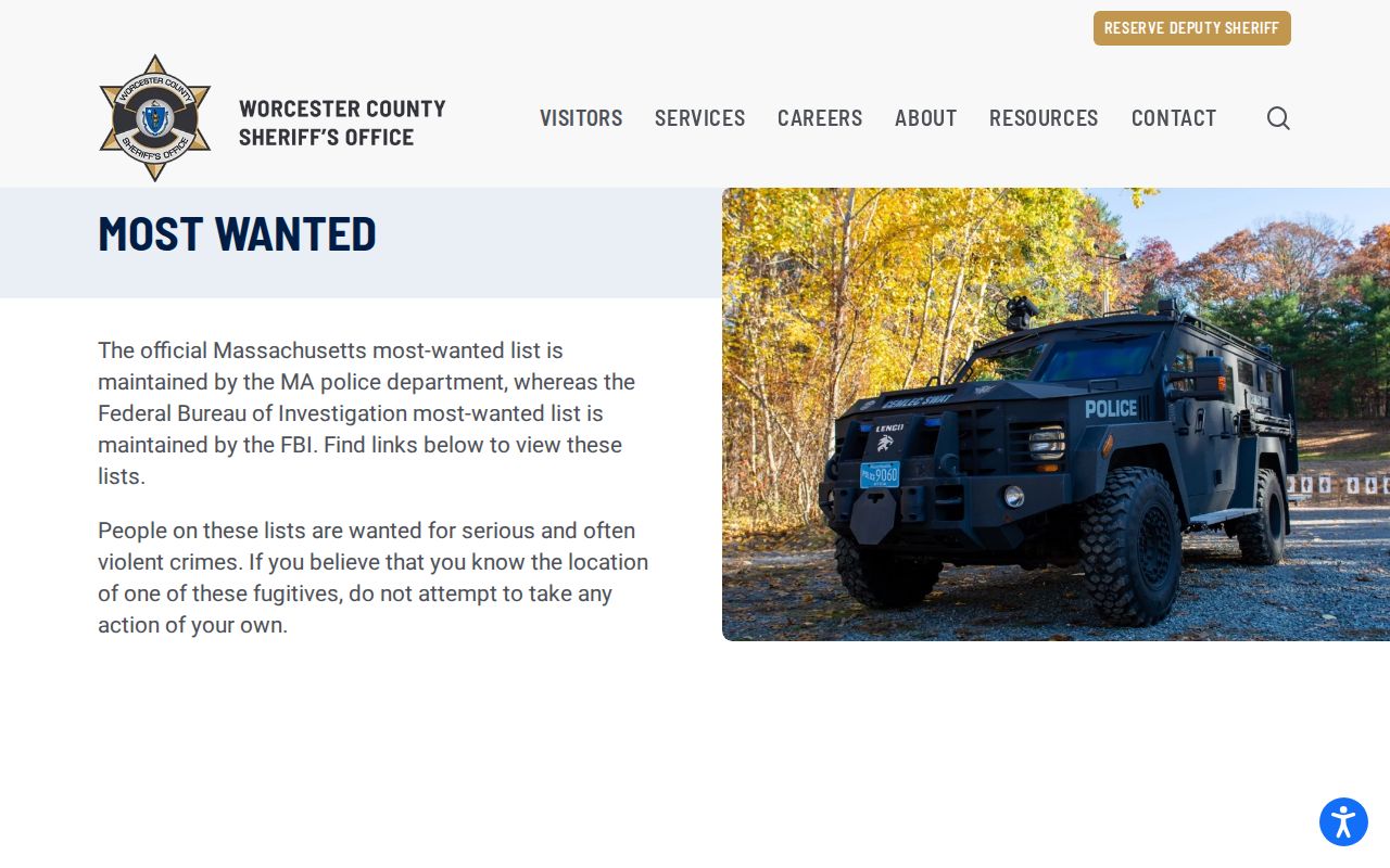 Worcester County Sheriff’s Office most-wanted routing page